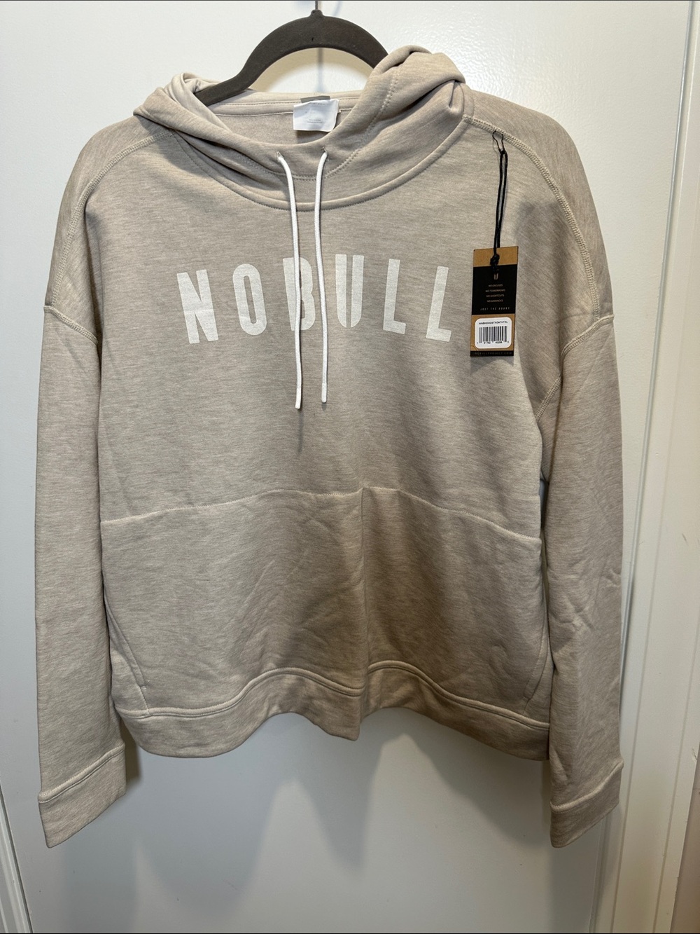 NOBULL Women's Beige Scoop Neck Hoodie with White Logo (56)